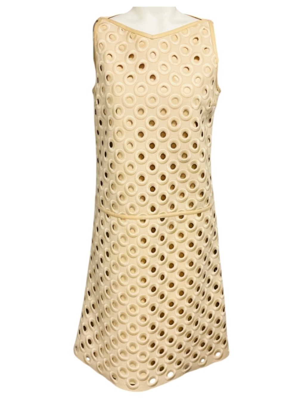 Marc Jacobs Vintage Beige Embroidered Cut Out Circle Design Sleeveless Dress